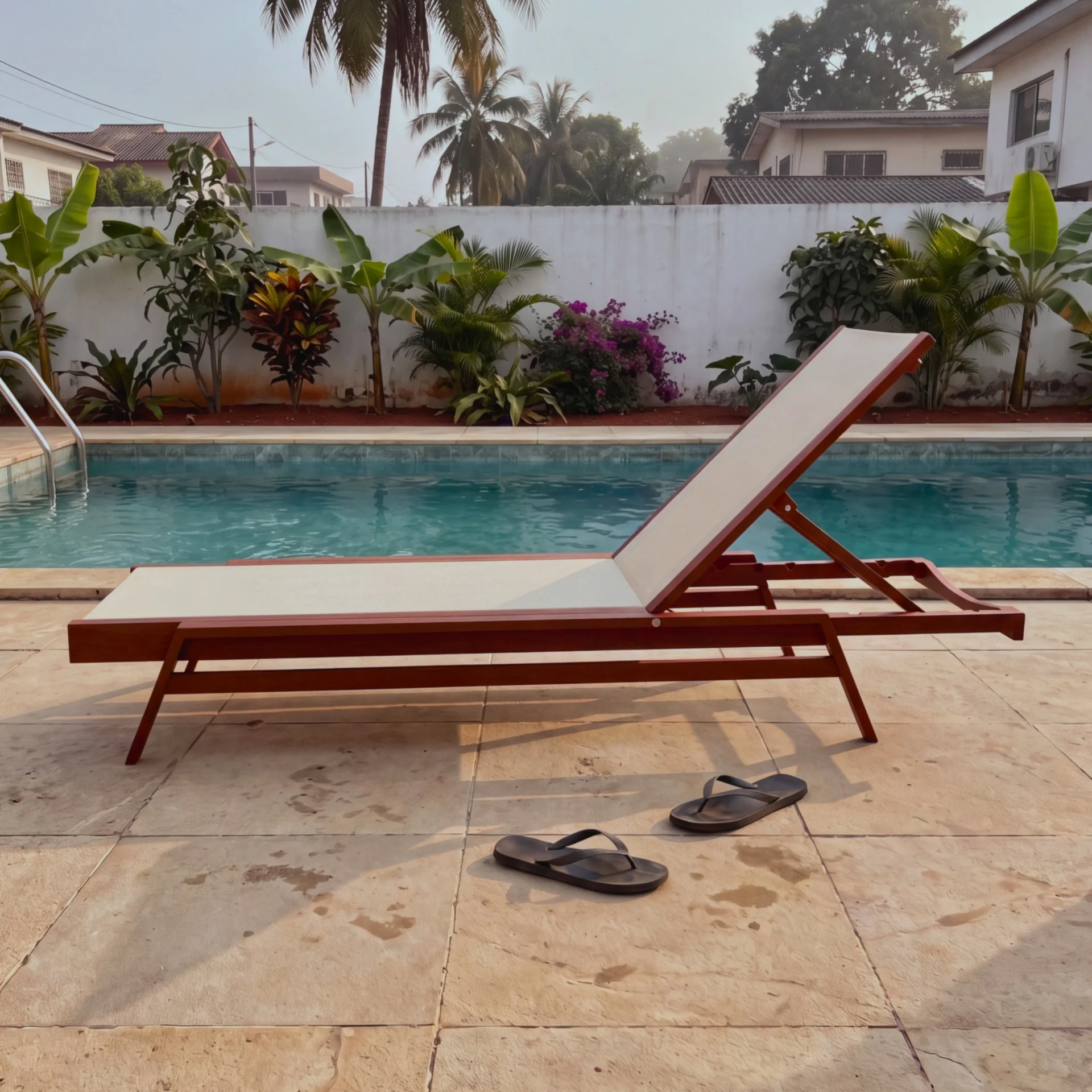 Transat Assinie en bois massif — vue de profil au bord de la piscine